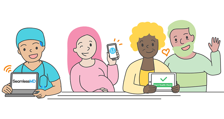 Illustration of a clinician and three patients using SeamlessMD on a laptop, phone and tablet